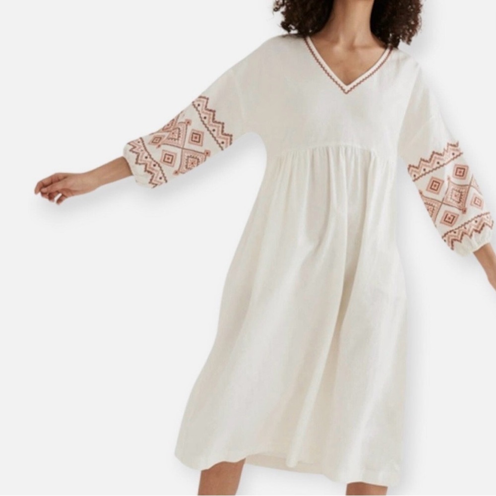 Madewell | XS | Embroidered Sleeve Linen Blend Popover Midi Dress
